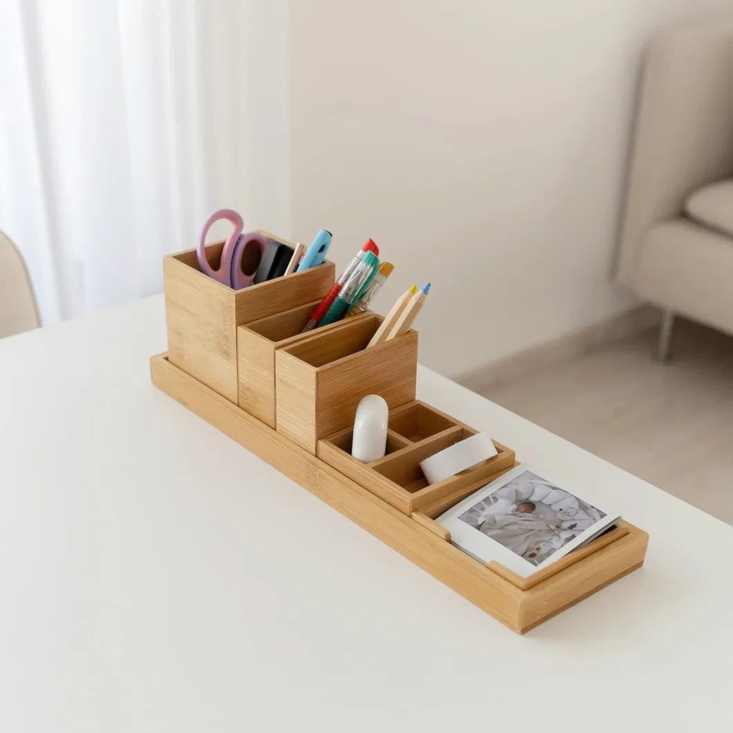 Bathroom Countertop 6-Piece Bamboo Vanity Tray Set/ Makeup Kitchen Desk Organizer and Storage - Holds Small Items