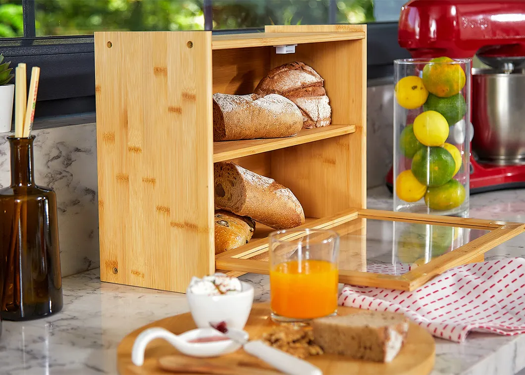 Transparent Rectangular Bamboo Bread and Pastry Storage Box for Snack