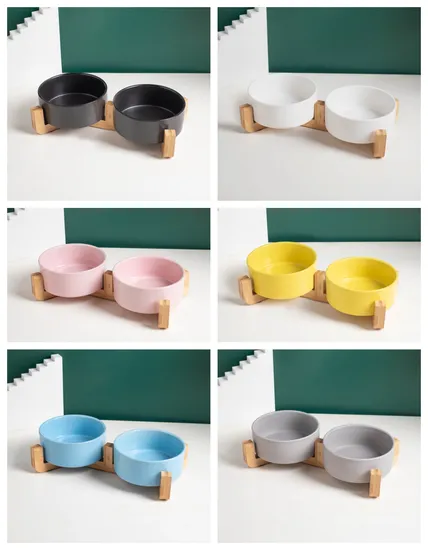 Wholesale Nordic Pet Supplies Ceramic Cat Food Water Bowl Pet Bowl with Bamboo Wooden Stand