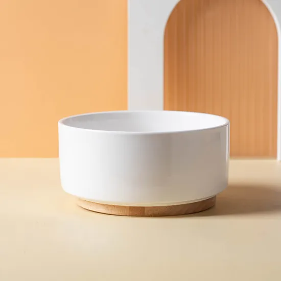 Fashion Good Design Ceramic Pet Bowl with Bamboo Wooden Base for Dogs and Cats