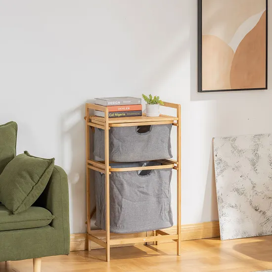 Double - Layer Bathroom Floor - Standing Bamboo and Fabric Storage Shelf as a Dirty Clothes Basket