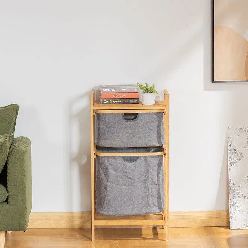 Double - Layer Bathroom Floor - Standing Bamboo and Fabric Storage Shelf as a Dirty Clothes Basket