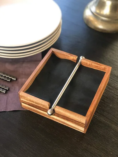 Acacia Wood Napkin Holder with Weighted Stainless Steel Center Bar