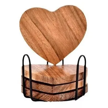 Artistic - Looking Heart Shape Wooden Coaster with Metal Holder for Table Decoration