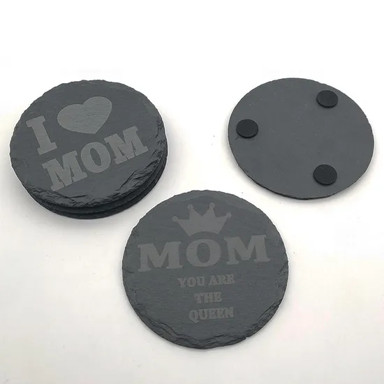 Custom Engraved Round Shaped Black Slate Coasters with Metal Holder