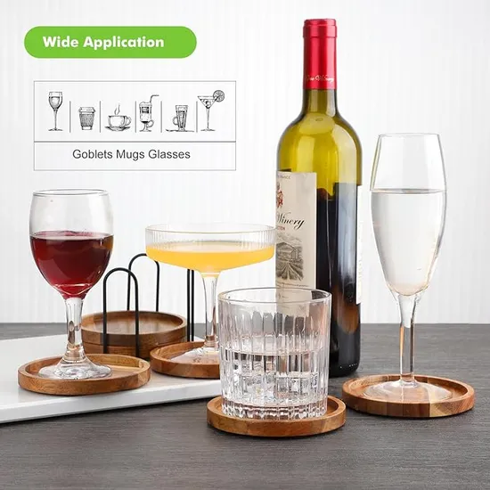 Custom Ecofriendly Round Acacia Wooden Cup Coasters with Holder for Green Living