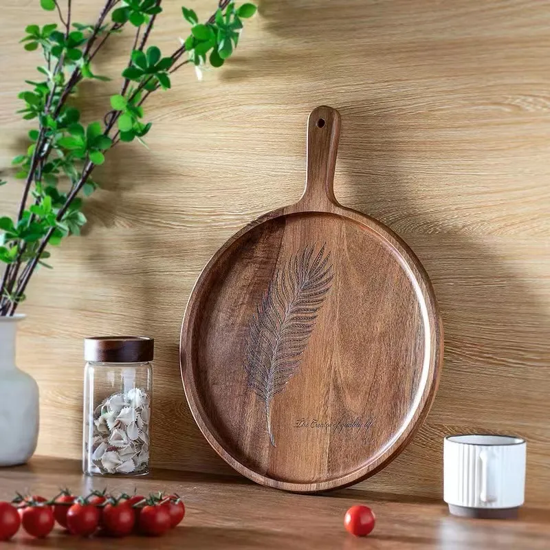Hot Selling Custom Round Acacia Wood Serving Tray with Handle