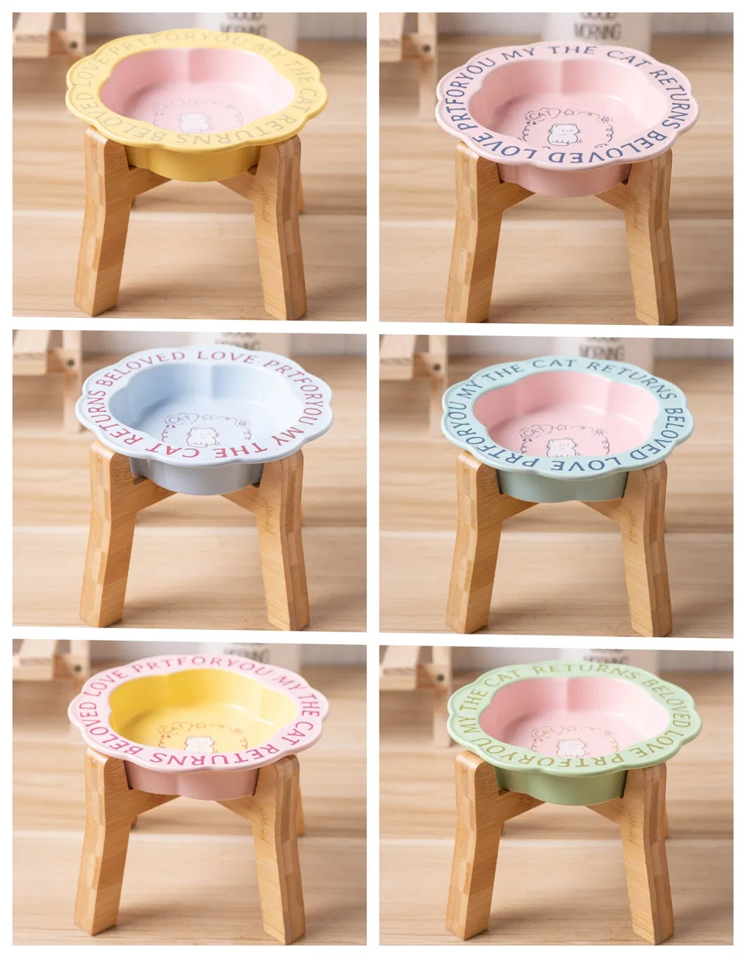 Flower - Edge Ceramic Cat Bowl Dog Food Bowl Feeding Bowl with High Wooden Rack
