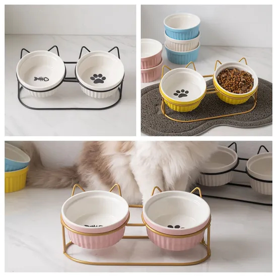 Ceramic Cat Bowl Dog Bowls with Cat Shape Metal Shelf