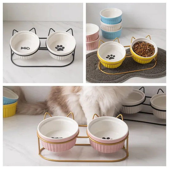 Ceramic Cat Bowl Dog Bowls with Cat Shape Metal Shelf