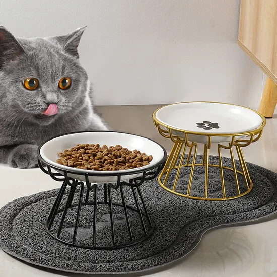 Neck-Protecting Round Ceramic Pet Food Bowl Dog Cat Bowls with Metal Stand