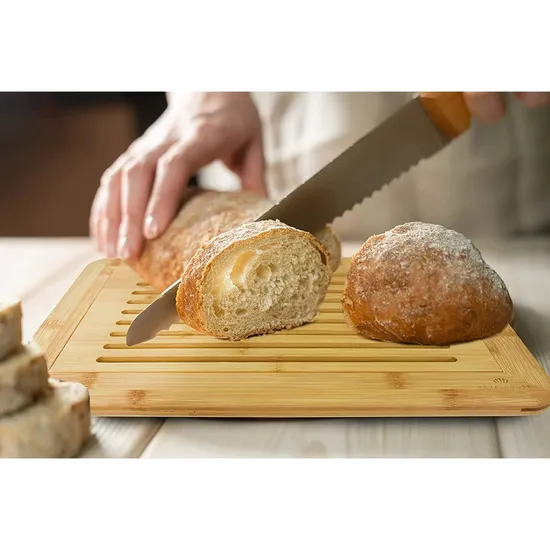 Premium Large Bamboo Bread Cutting Board with Integrated Crumb Tray
