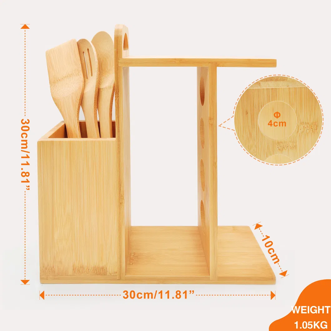 Bamboo Cutlery Organizer Utensils Holder with Spice Rack & 3-Piece Utensil Set