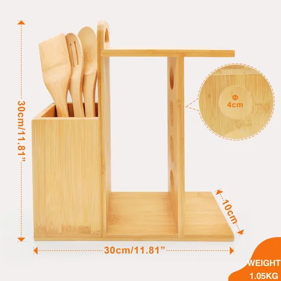 Bamboo Cutlery Organizer Utensils Holder with Spice Rack & 3-Piece Utensil Set
