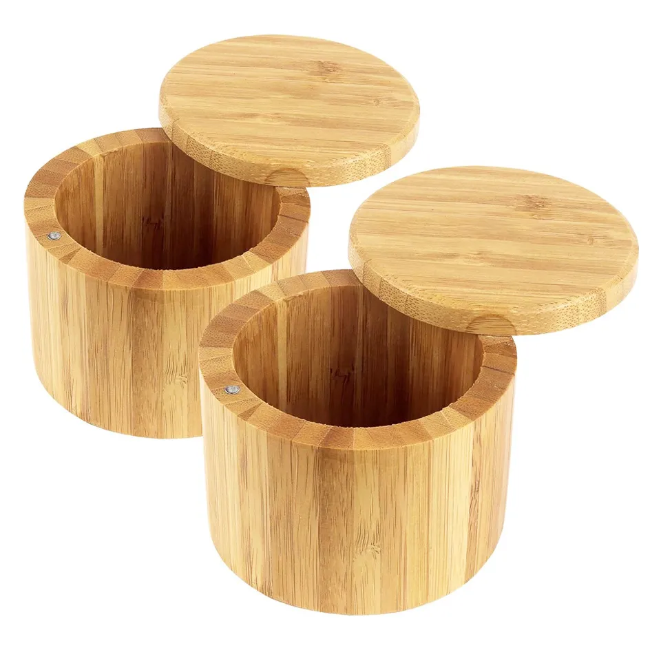 Elegant Bamboo Salt Cellar Spice Box with Magnetic Lid