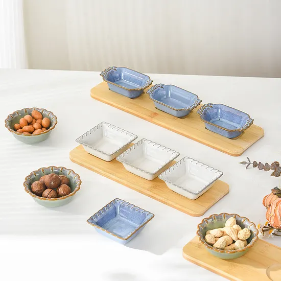 Round 12 Inch Lazy Susan Acacia Wood Serving Tray with 4 Divided Ceramics Bowls