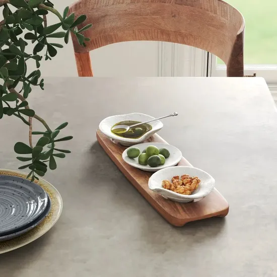 Mini Round Bamboo Wood Cake Stand with Glass Dome and Ceramic Bowls for Cakes & Cheese Platters