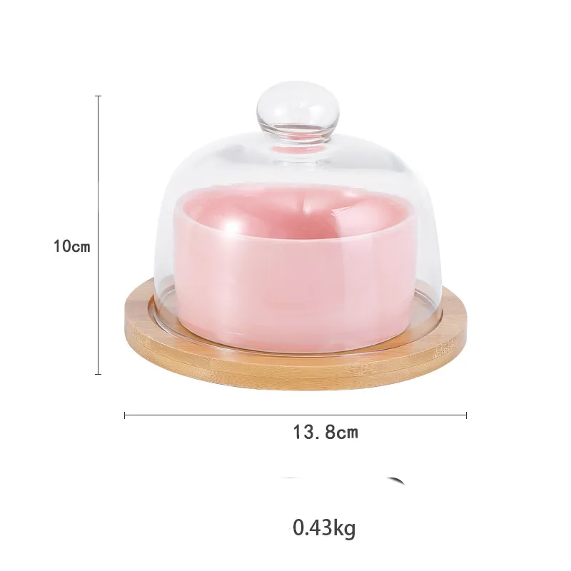 Mini Round Bamboo Wood Cake Stand with Glass Dome and Ceramic Bowls for Cakes &amp; Cheese Platters