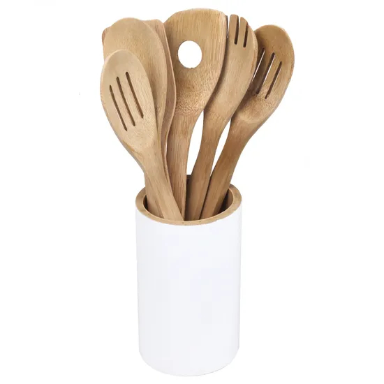 Eco Bamboo Wooden Kitchen Tools Set with Round Holder