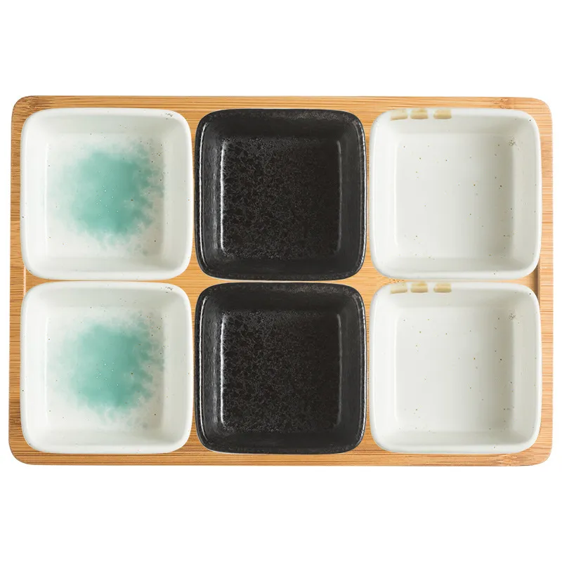 Bamboo Serving Tray with 6 -Compartments Ceramic Serve Bowl Dishes