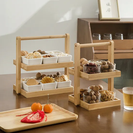 2-Layer Bamboo Dessert Fruit Tray with Handle and 8 PCS Ceramic Bowls