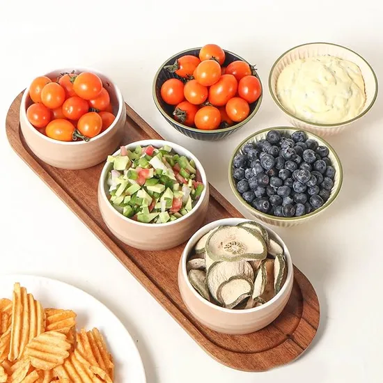 Chips and DIP Set Acacia Wood Serving Tray with 3 Round Ceramic Bowls