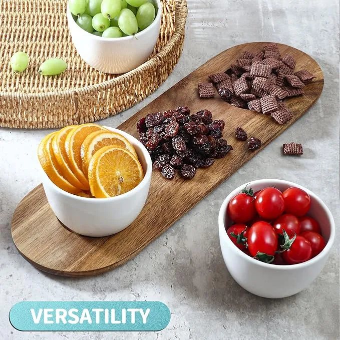 Acacia Wooden Tray with 3 White Ceramic Soup Bowls in a Chip and DIP Set