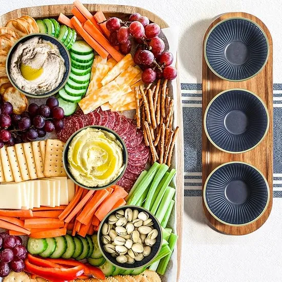 Acacia Wooden Tray with 3 Different - Color Ceramic Serving Bowls for Chip and DIP Set