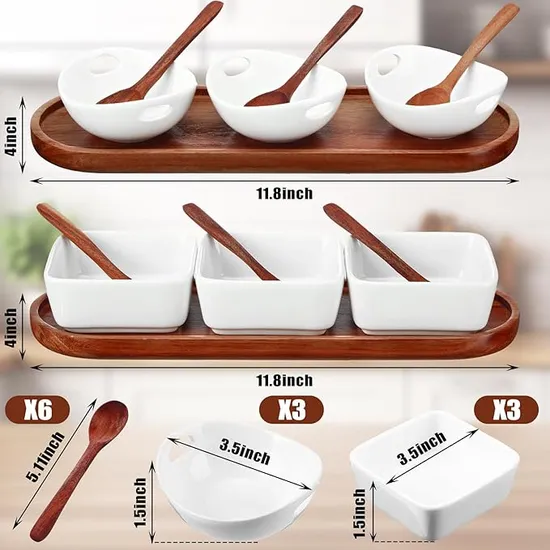 Acacia Wood Tray with 3 Ceramic Dipping Bowls and Square Sauce Dishes