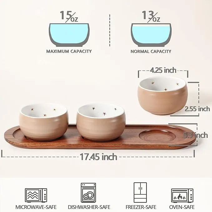 Chips and DIP Set Acacia Wood Serving Tray with 3 Round Ceramic Bowls