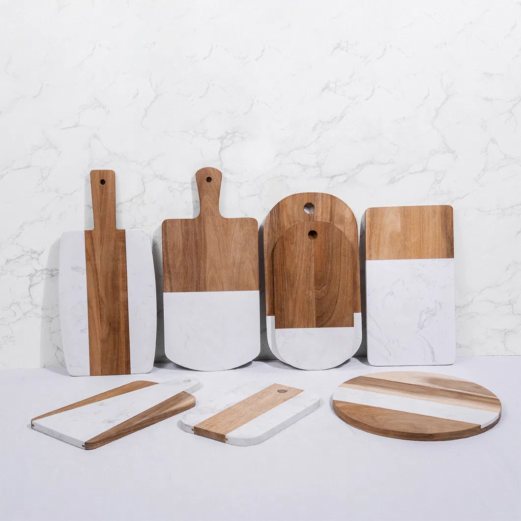 Patchwork Color Handheld Acacia Wood Marble Chopping Board for Steak, Bread, Fruit