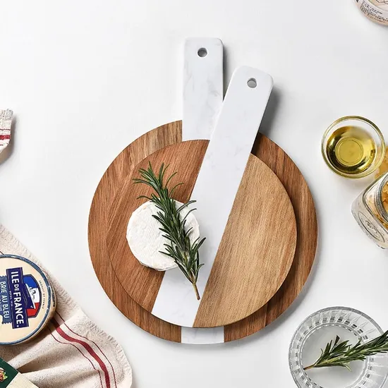 Patchwork Color Handheld Acacia Wood Marble Chopping Board for Steak, Bread, Fruit
