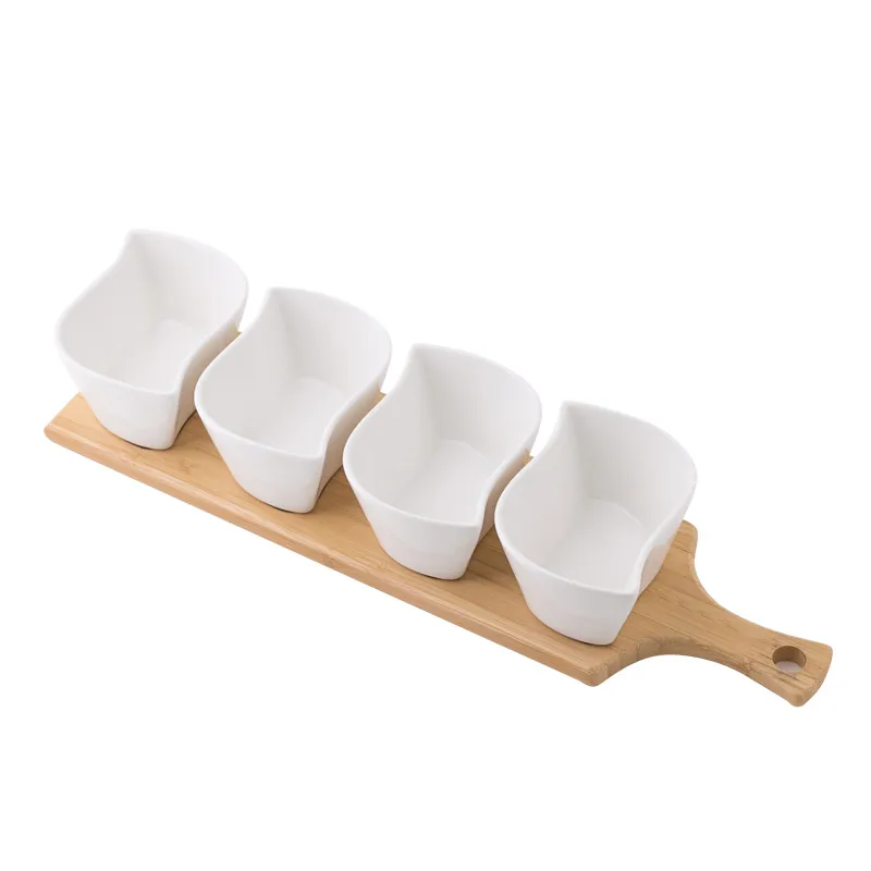 Bamboo Wood Tray Fruits Condiments Appetizer Tray and Desserts Serving Tray with 3 White Ceramic Bowls
