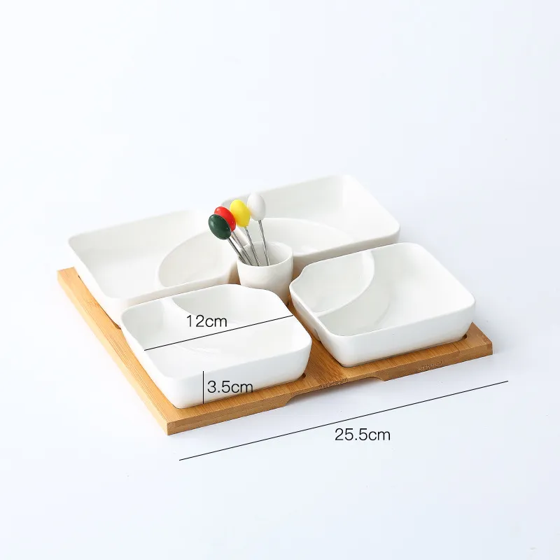 Multi-Grid Ceramic Fruit Platter with Bamboo Wooden Tray for Home Tableware