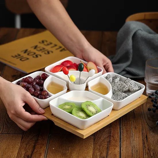 Multi-Grid Ceramic Fruit Platter with Bamboo Wooden Tray for Home Tableware