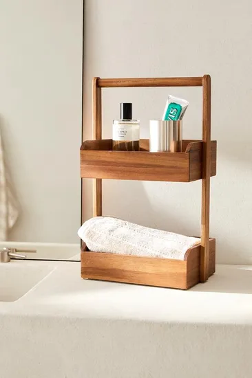 2 Tier Floor Standing Acacia Wood Storage Shelf Shower Organizer Rack with Handle
