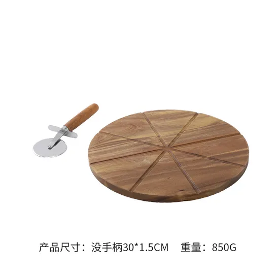 Round Wood Pizza Cutting Board with knives