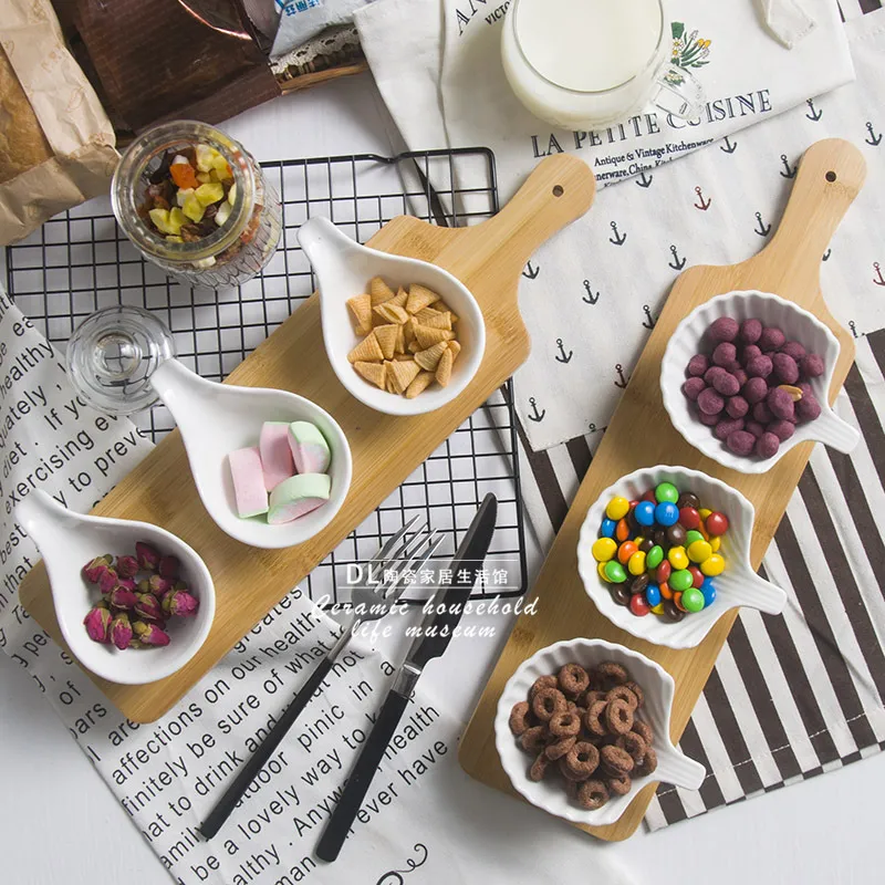 3 - Piece Set of Ceramic Serving Dishes on a Handled Bamboo Serving Tray for Sauce