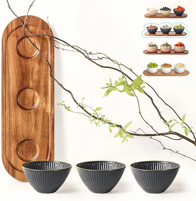Acacia Wooden Tray with 3 Different - Color Ceramic Serving Bowls for Chip and DIP Set