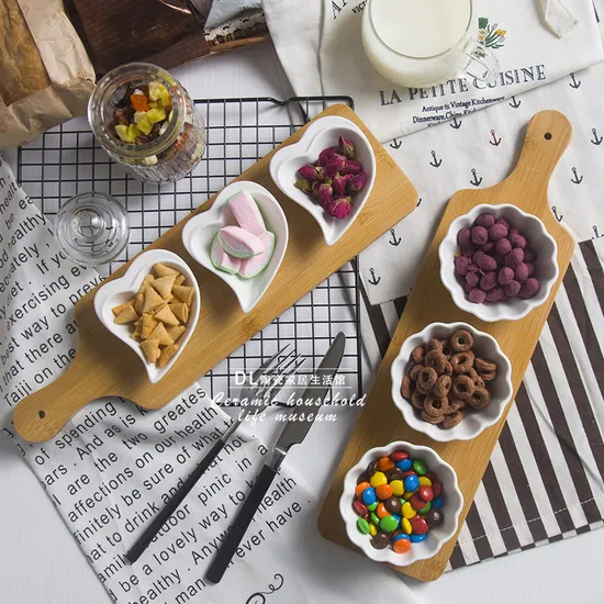 Bamboo Divided Serving Tray with White Ceramic Dishes Snacks Candy Bowls