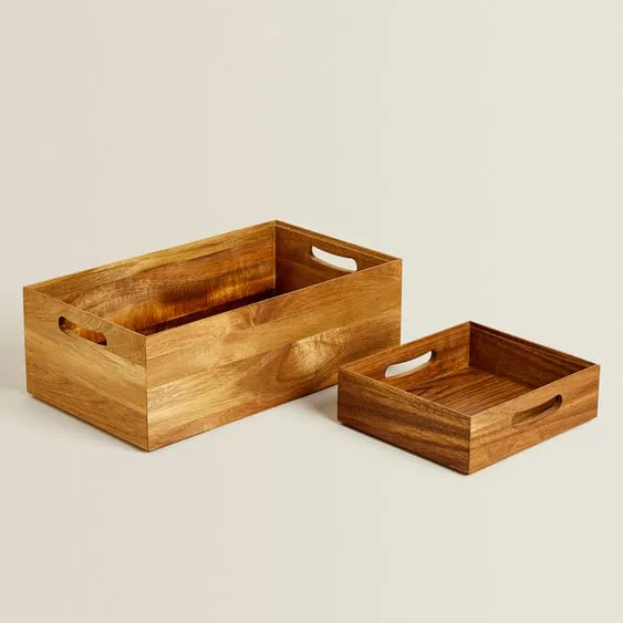 Acacia Wood Storage Box Storage Bin Set of 2 with Handle