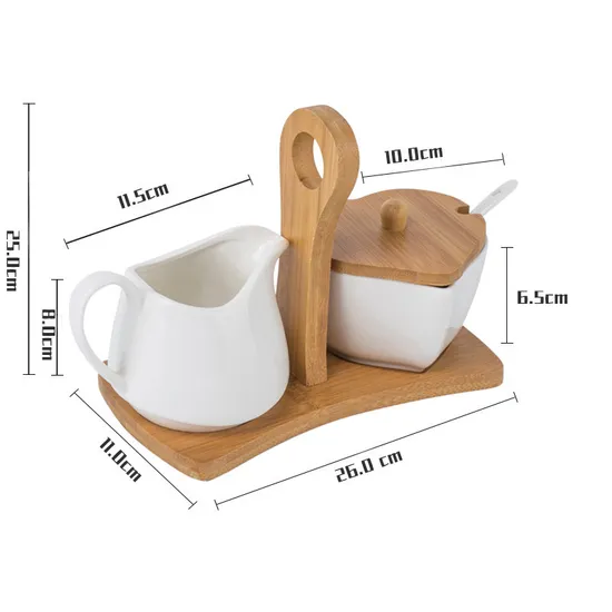 3 - Piece White Ceramic Sugar and Creamer Coffee Serving Set with Lid and Bamboo Serving Tray