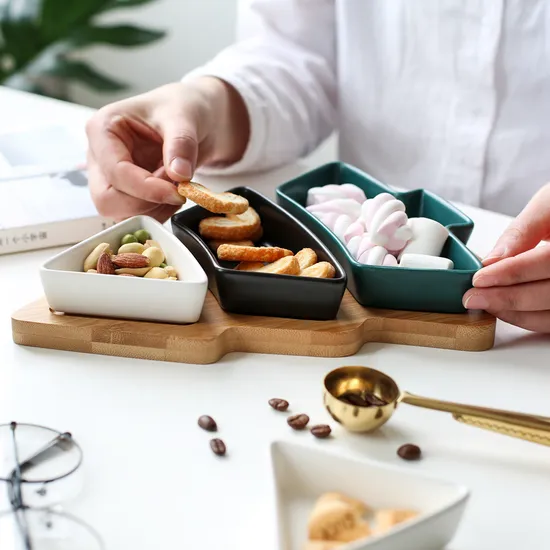 Christmas Tree - Shaped Bamboo Tree Tray with 3 White Removable Ceramic Snack Appetizer Plates