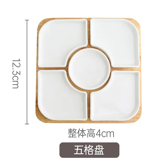 Bamboo Serving Platter with 3 PCS Ceramic Plates for Party