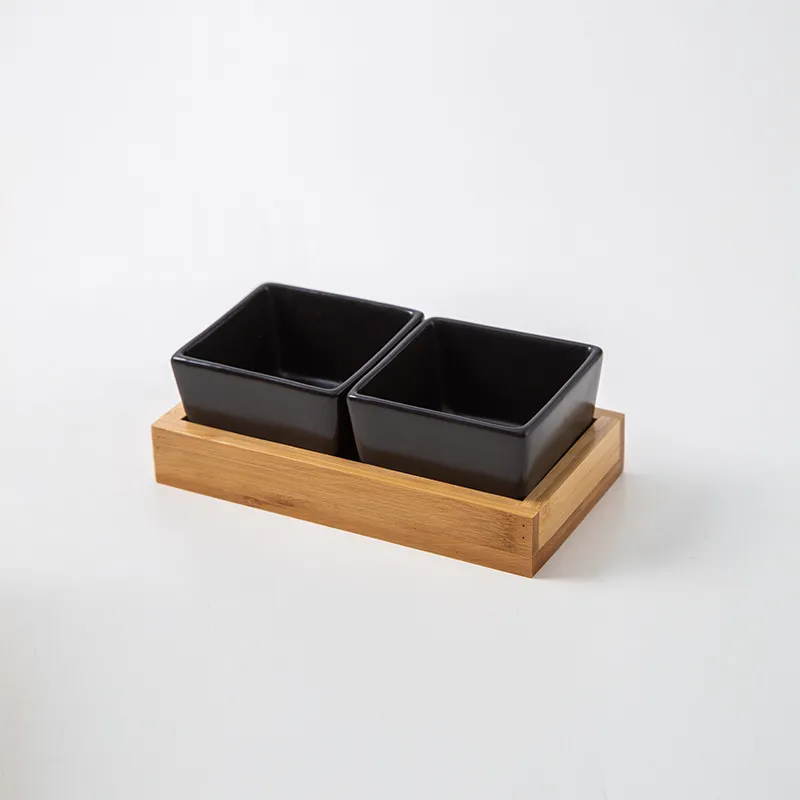 Bamboo Tray Ceramic Serving Dishes Platter Set