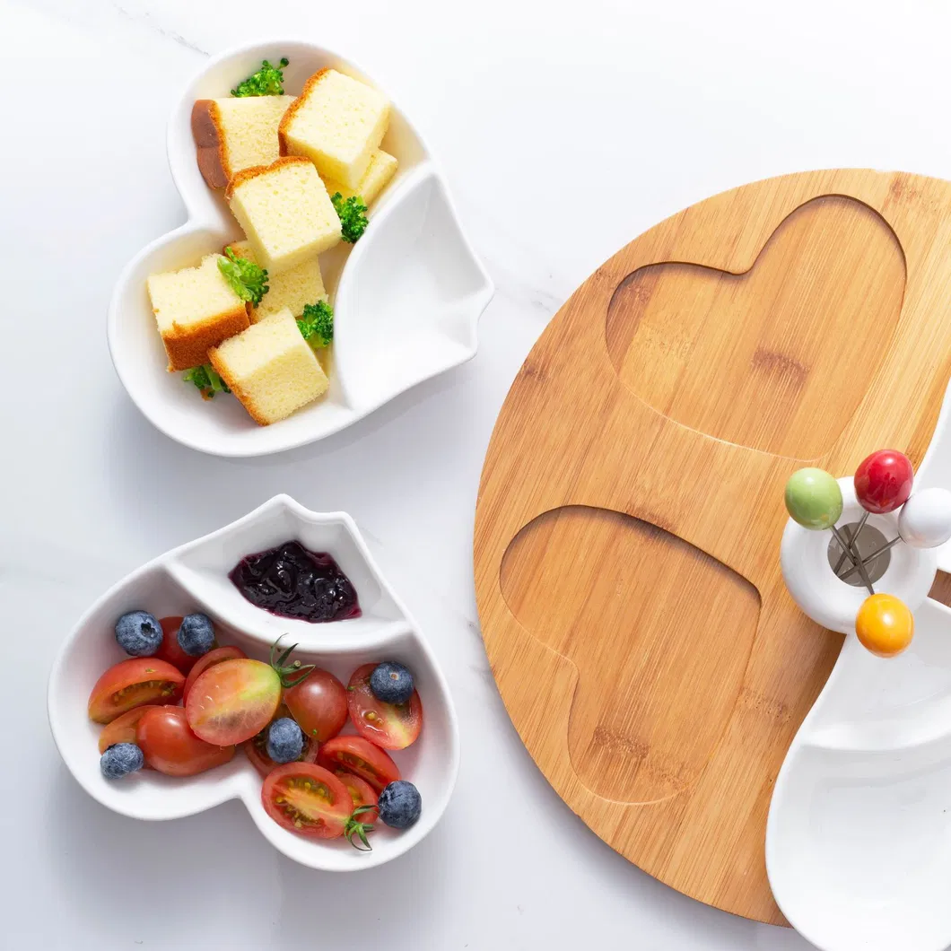 Heart-Shaped Ceramic Serving Bowls and Plates with Rotating Bamboo Serving Platter