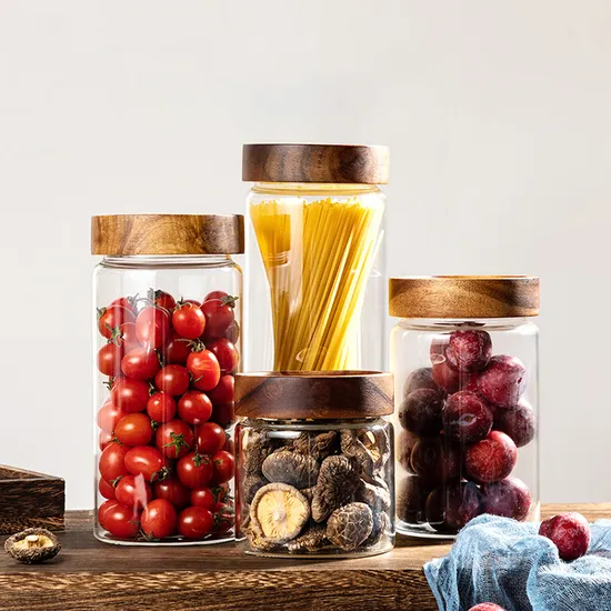 Multiple Size Glass Storage Jar with Bamboo Wood Lid Glass Container with Lid for Kitchen