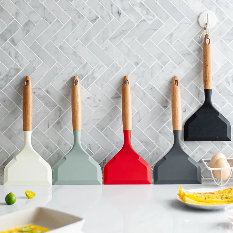 Beech Handle Non-Stick Wide Silicone Jade Burning and Frying Shovel for Kitchen