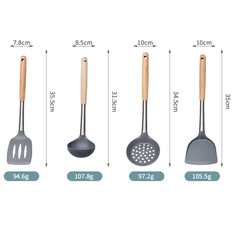 Food Grade Heat Resistant Silicone Kitchen Utensils Frying Cooking Shovel with Wooden Handle