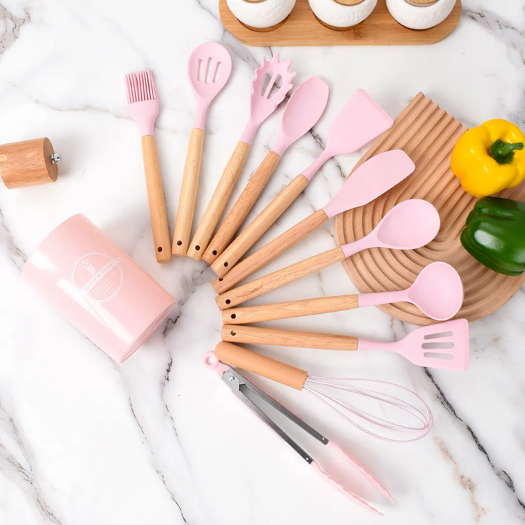 Wholesale Custom Silicone Kitchen Utensils with Wooden Handle for Cooking